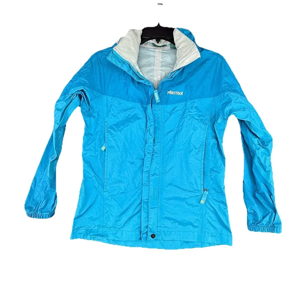 Marmot Rain Jacket Girls Large Blue Colorblock Waterproof Hooded Outdoors Pocket